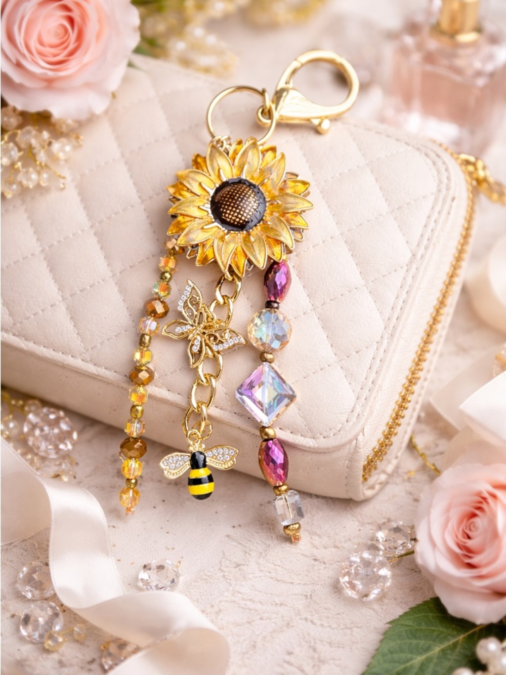 Yellow Sunflower & Bee Crystal Bag Charm/ Keychain